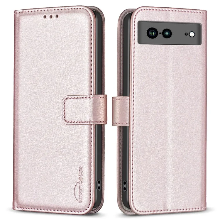 BINFEN COLOR BF17 For Google Pixel 7a Wallet Phone Cover Anti-Scratch PU Leather Phone Stand Case - Rose Gold