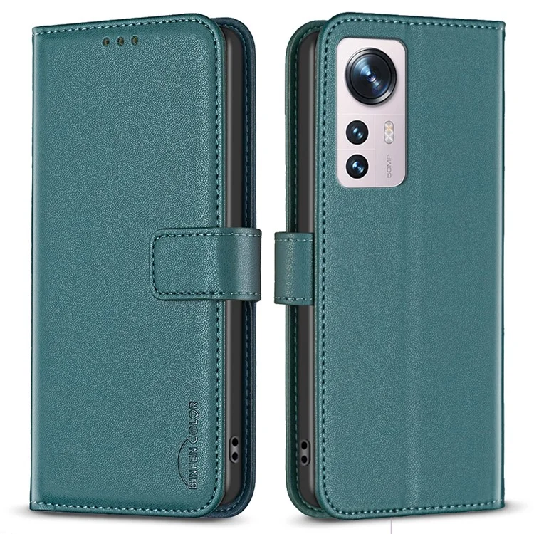 BINFEN COLOR BF17 For Xiaomi 12 5G / 12X 5G / 12S 5G Anti-Dust PU Leather Wallet Phone Stand Case Inner TPU Cover - Green