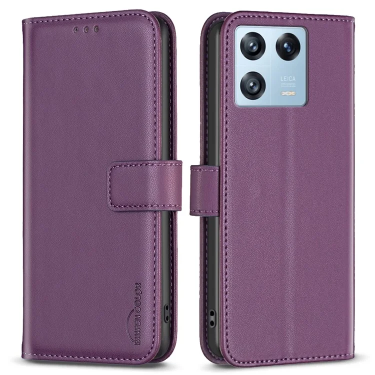 BINFEN COLOR BF17 para Xiaomi 13 Pro 5G Funda Cartera de Teléfono de Cuero PU - Morado Oscuro