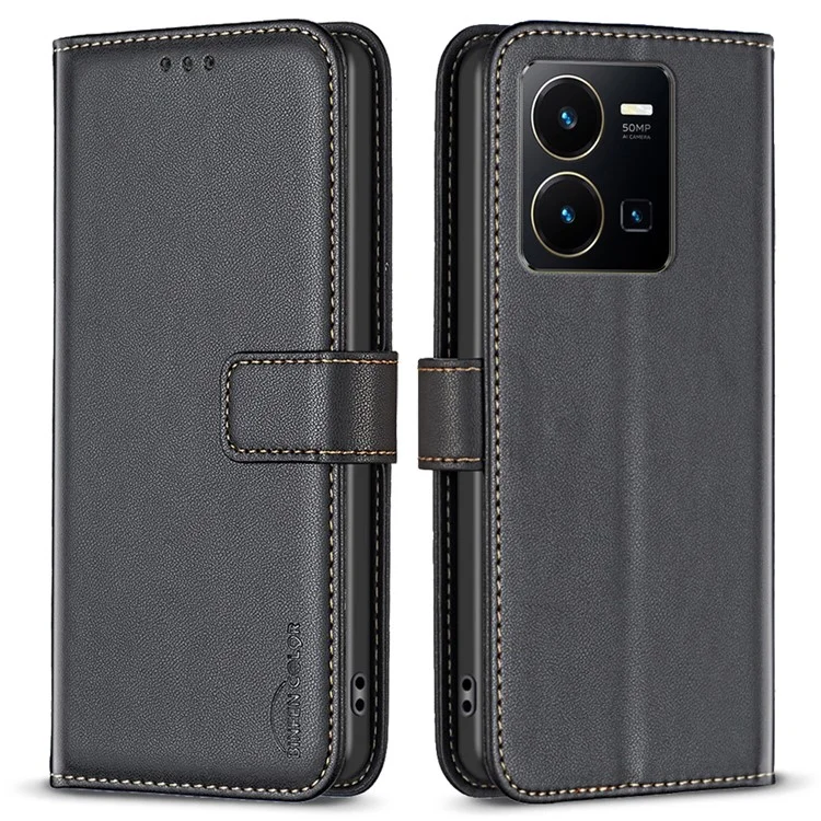 BINFEN COLOR BF17 Para vivo Y35 4G (2022) / Y22s 4G Caso de Carteira de Couro PU Stand Phone Cover - Preto