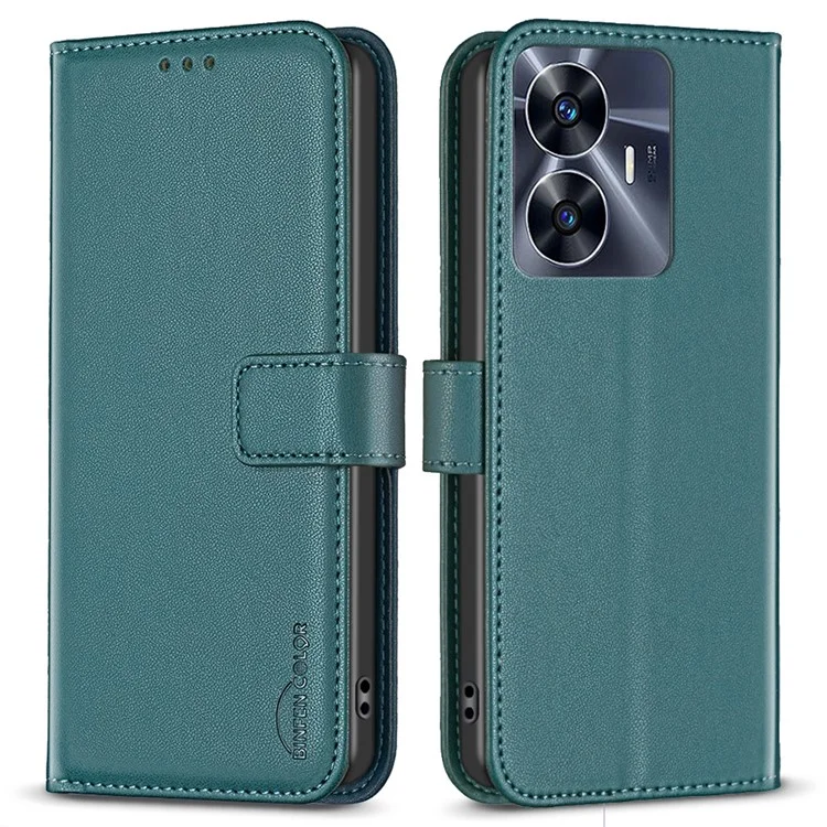 Étui portefeuille BINFEN COLOR BF17 pour Realme C55 4G en cuir PU + support téléphone TPU - Vert