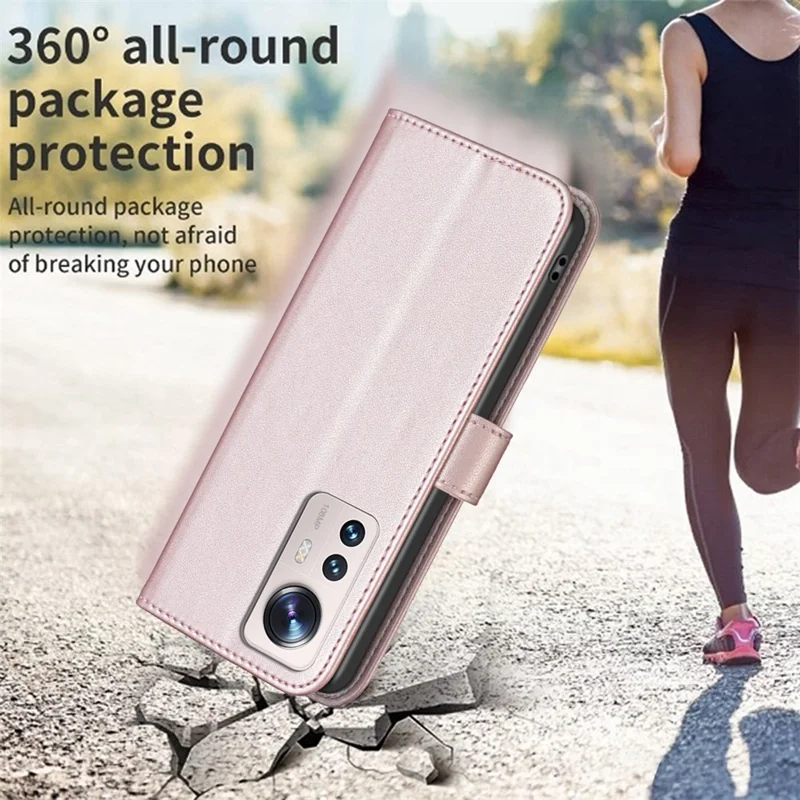 BINFEN COLOR BF17 Leather Phone Cover for Xiaomi 12 Lite 5G Anti-drop Wallet Stand Case - Rose Gold