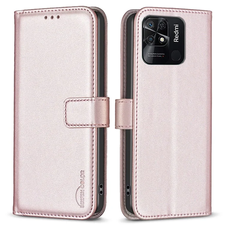 BINFEN COLOR BF17 Stand Phone Case per Xiaomi Redmi 10C 4G Custodia in Pelle PU Wallet Smartphone - Rose Gold