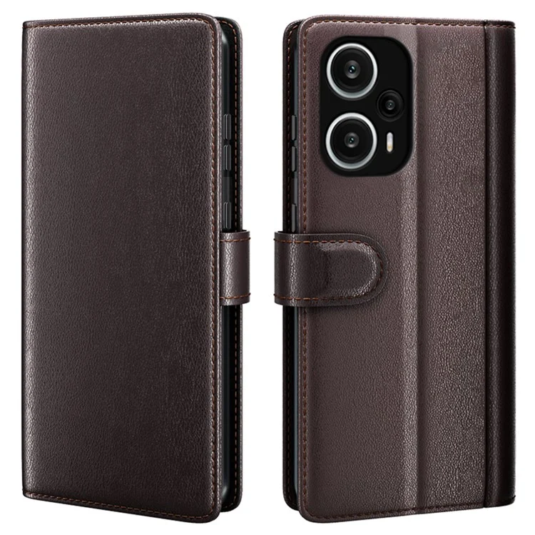 Для Xiaomi Redmi Note 12 Turbo / Poco F5 5G Чехол-книжка для телефона с настоящей разделённой кожей - Коричневый