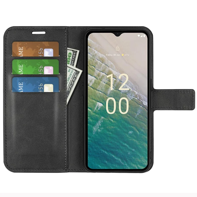 Per Nokia C32 Stand Shell Wallet Square Magnetic Closure PU Leather Calf Texture Phone Case - Black