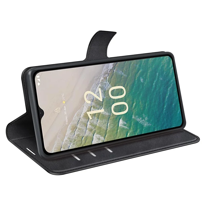 Per Nokia C32 Stand Shell Wallet Square Magnetic Closure PU Leather Calf Texture Phone Case - Black