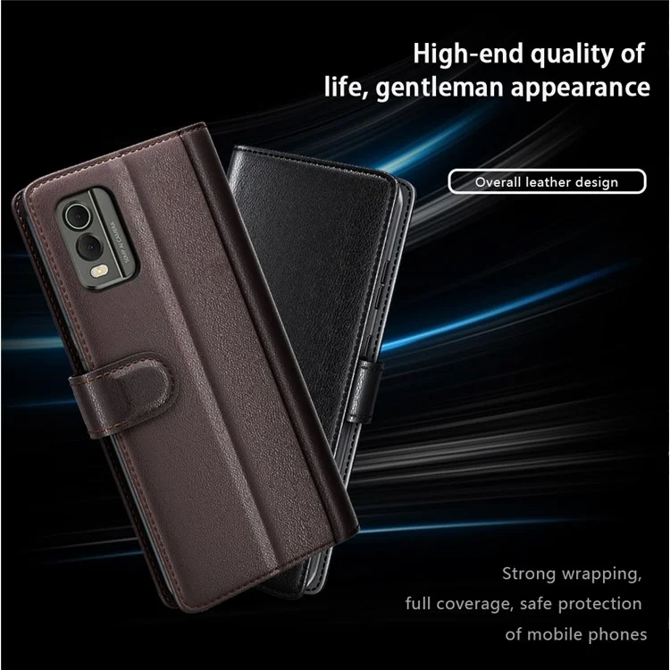 For Nokia C32 Scratch Proof Case Genuine Split Leather Phone Cover with Wallet Stand - Brown