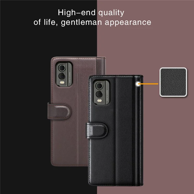 For Nokia C32 Scratch Proof Case Genuine Split Leather Phone Cover with Wallet Stand - Brown