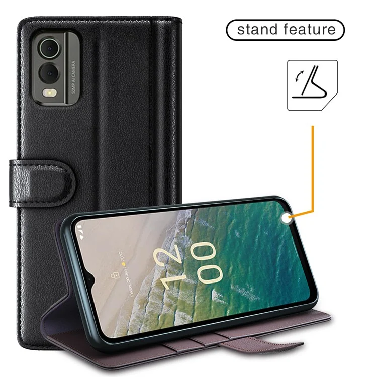 For Nokia C32 Scratch Proof Case Genuine Split Leather Phone Cover with Wallet Stand - Brown