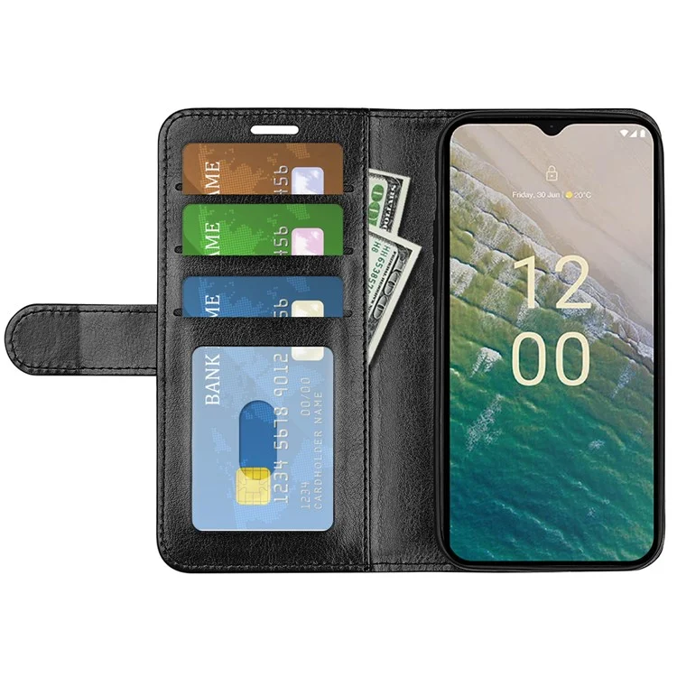 For Nokia C32 Scratch Resistant PU Leather Phone Cover Crazy Horse Texture Wallet Stand Case - Black