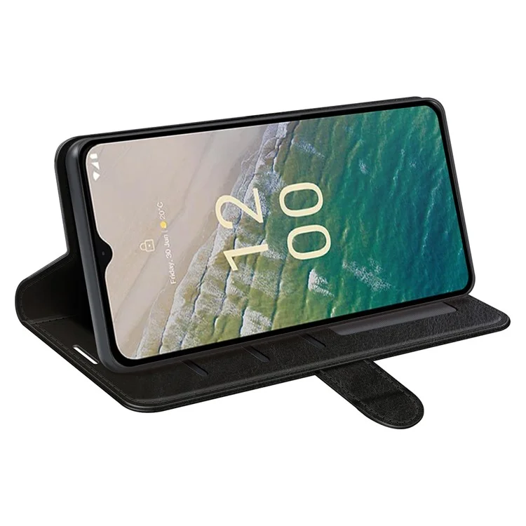 For Nokia C32 Scratch Resistant PU Leather Phone Cover Crazy Horse Texture Wallet Stand Case - Black