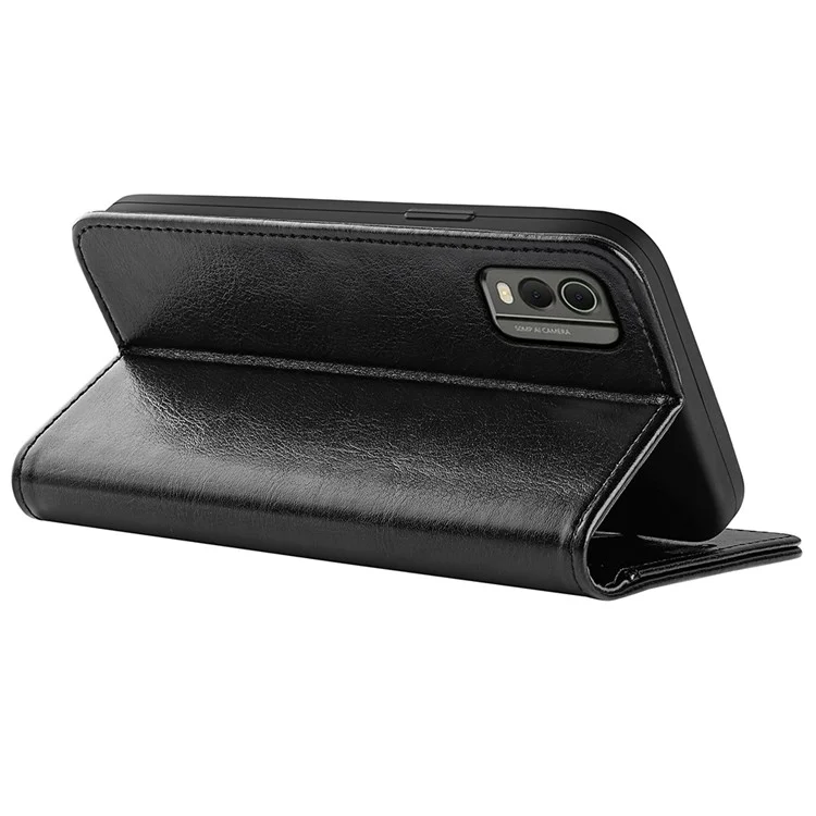 For Nokia C32 Scratch Resistant PU Leather Phone Cover Crazy Horse Texture Wallet Stand Case - Black