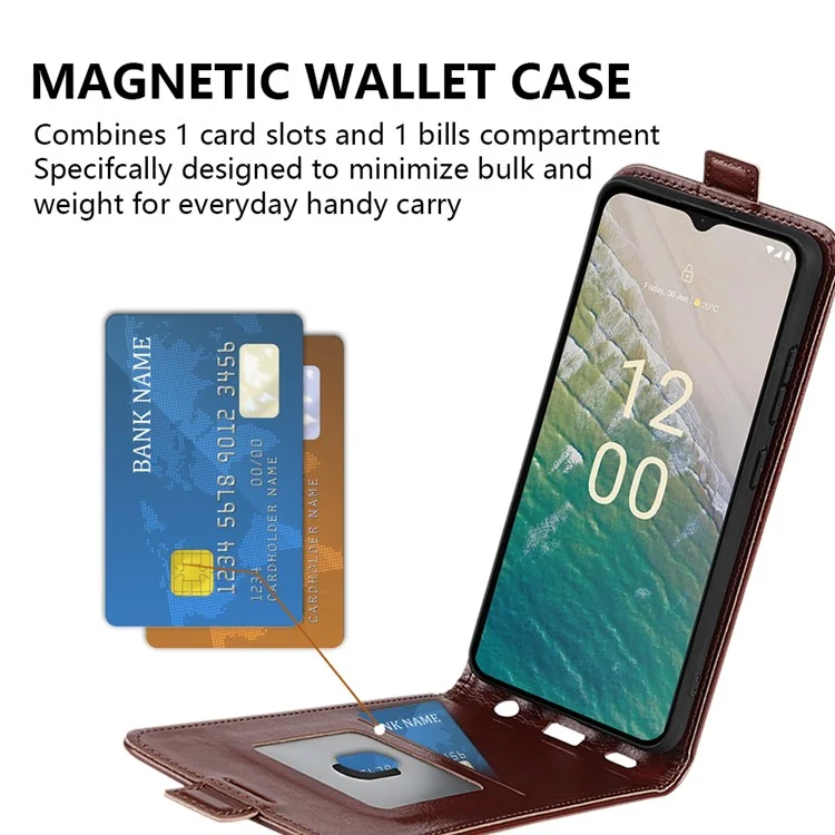 Custodia Flip Verticale per Nokia C32 a Prova di Caduta in Pelle PU Custodia per Telefono Cellulare con Slot per Schede - Marrone