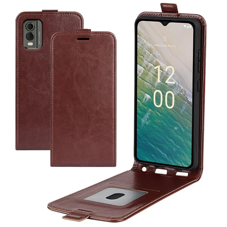 Vertical Flip Phone Case for Nokia C32 Drop Proof PU Leather Mobile Phone Cover with Card Slots - Brown