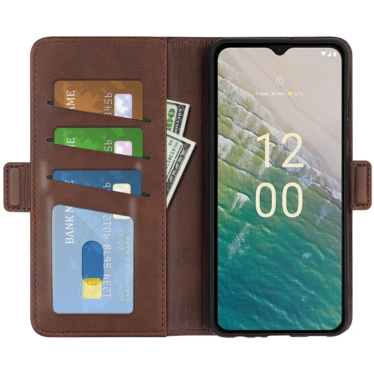 Für Nokia C32 Wallet Flip Phone Cover Kalbsleder PU Leder Folio-Hülle mit faltbarem Ständer - Braun