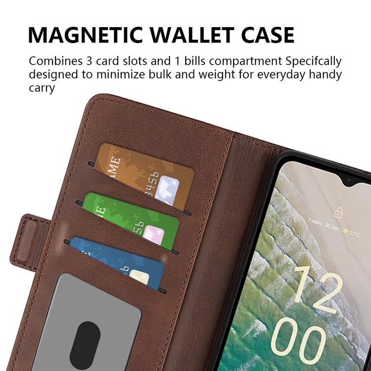 Für Nokia C32 Wallet Flip Phone Cover Kalbsleder PU Leder Folio-Hülle mit faltbarem Ständer - Braun
