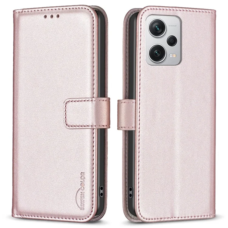BINFEN COLOR BF17 For Xiaomi Redmi Note 12 Pro+ 5G Leather Phone Case Cell Phone Stand Wallet Cover - Rose Gold
