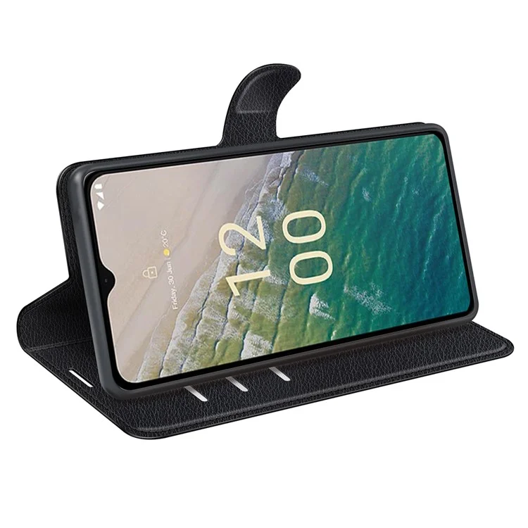 Custodia in piedi per Nokia C32 Antigraffio in pelle PU Texture Litchi Wallet Folio Flip Phone Cover - Nero