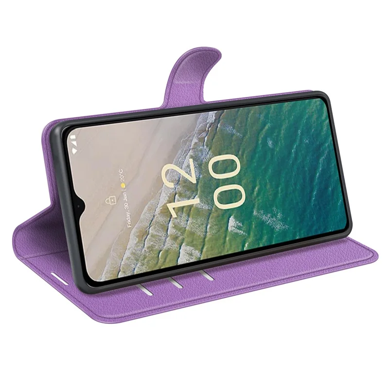 Чехол-подставка для Nokia C32, устойчивый к царапинам, с текстурой из искусственной кожи лычи, бумажник, откидной чехол для телефона - фиолетовый