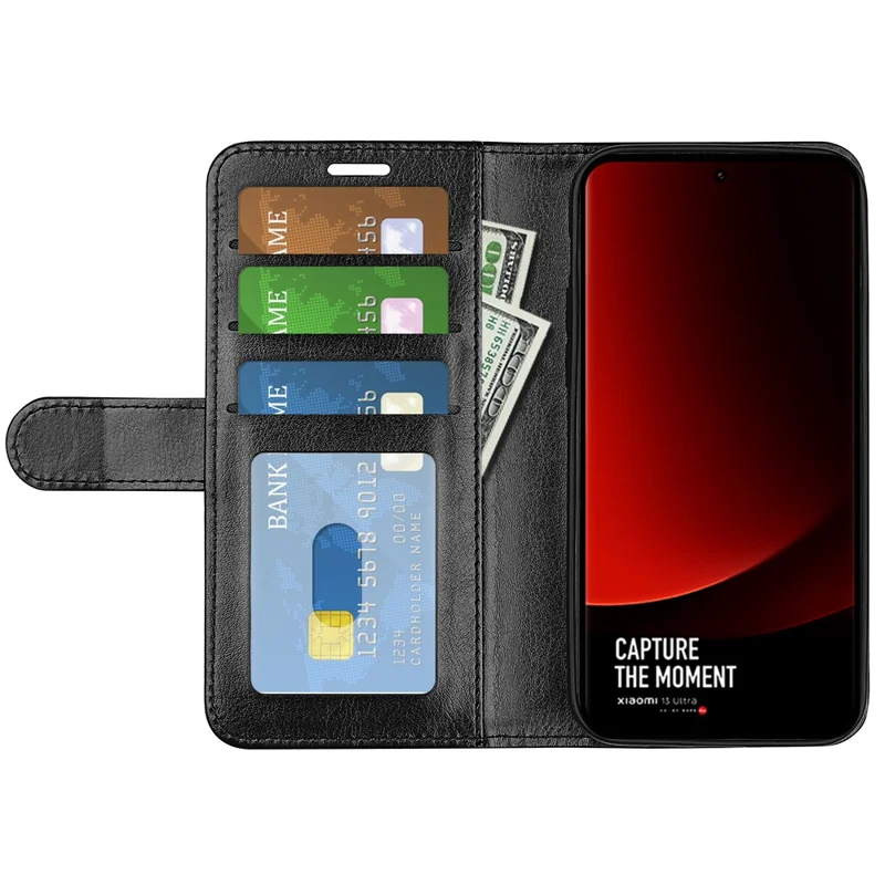 Для Xiaomi 13 Ultra Folio Flip PU Leather Phone Cover Crazy Horse Texture Wallet Stand Case - Чёрный