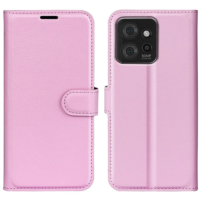 Foldable Stand Case for Motorola ThinkPhone 5G PU Leather Litchi Texture Wallet Folio Flip Phone Cover - Pink