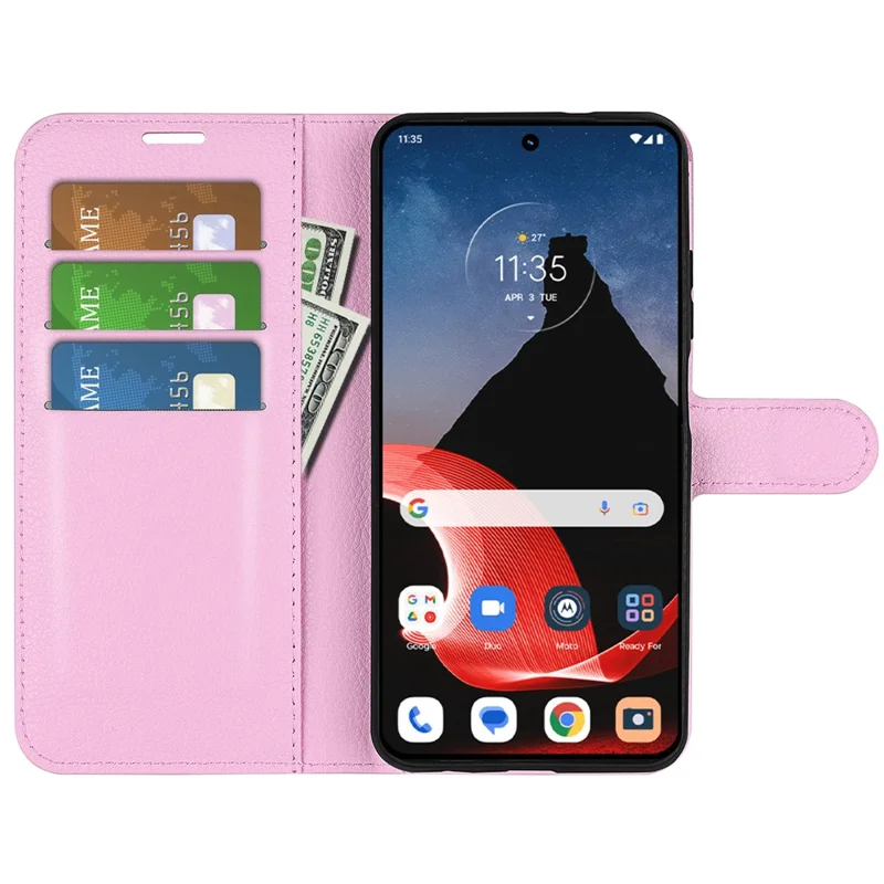 Foldable Stand Case for Motorola ThinkPhone 5G PU Leather Litchi Texture Wallet Folio Flip Phone Cover - Pink