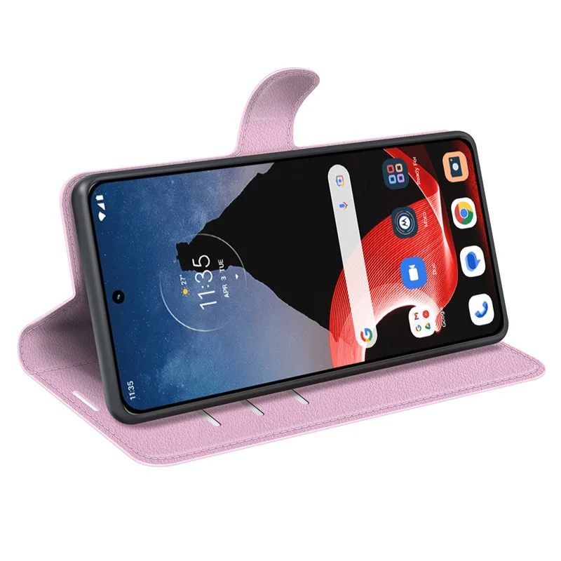 Foldable Stand Case for Motorola ThinkPhone 5G PU Leather Litchi Texture Wallet Folio Flip Phone Cover - Pink
