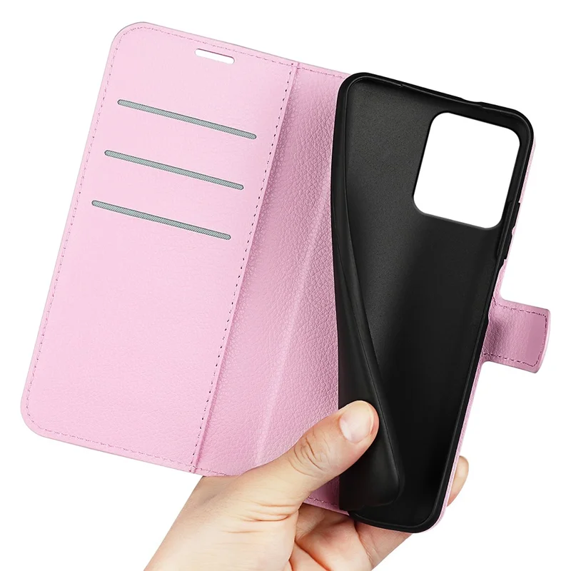 Foldable Stand Case for Motorola ThinkPhone 5G PU Leather Litchi Texture Wallet Folio Flip Phone Cover - Pink