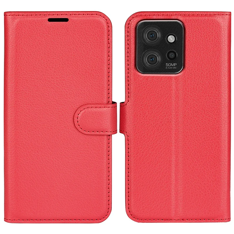 Foldable Stand Case for Motorola ThinkPhone 5G PU Leather Litchi Texture Wallet Folio Flip Phone Cover - Red
