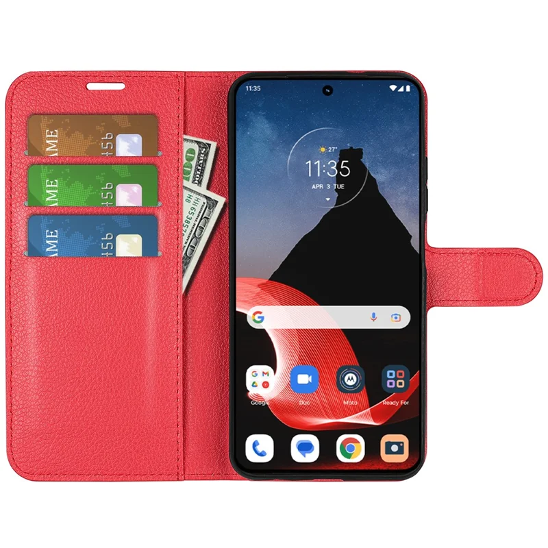 Foldable Stand Case for Motorola ThinkPhone 5G PU Leather Litchi Texture Wallet Folio Flip Phone Cover - Red
