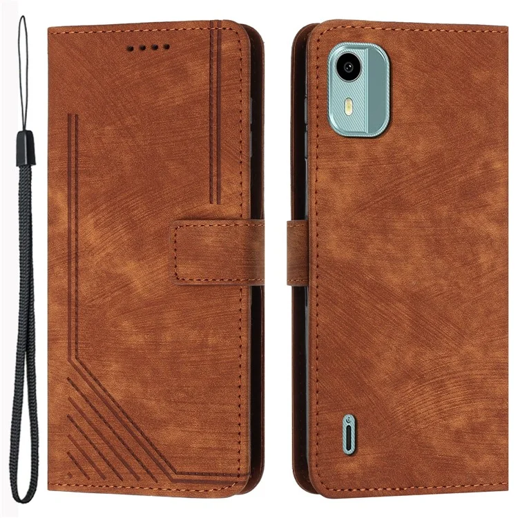 Flip Case for Nokia C12 4G / C12 Pro / C12 Plus Skin-touch Stand Imprinted Lines PU Leather Wallet Phone Cover - Brown