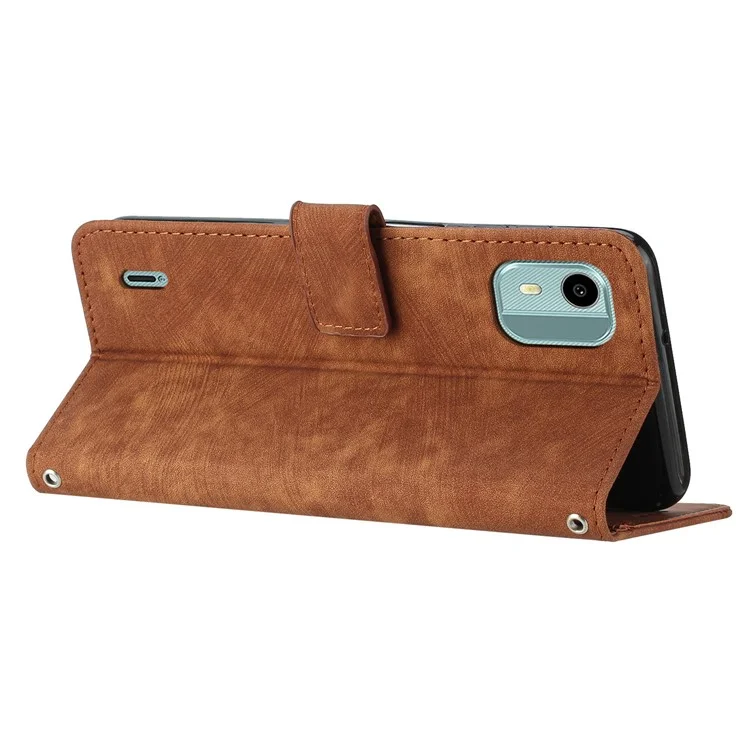 Flip Case for Nokia C12 4G / C12 Pro / C12 Plus Skin-touch Stand Imprinted Lines PU Leather Wallet Phone Cover - Brown
