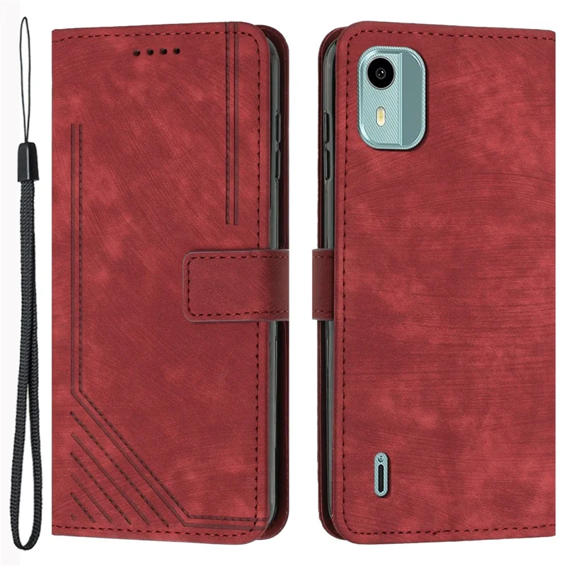 Flip Case for Nokia C12 4G / C12 Pro / C12 Plus Skin-touch Stand Imprinted Lines PU Leather Wallet Phone Cover - Red