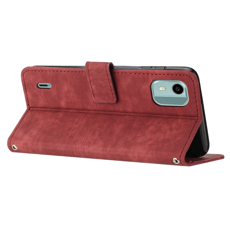 Flip Case for Nokia C12 4G / C12 Pro / C12 Plus Skin-touch Stand Imprinted Lines PU Leather Wallet Phone Cover - Red