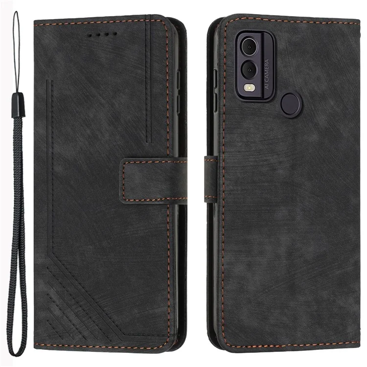 Per Nokia C22 PU Leather Flip Case Skin-touch Stand Imprinted Lines Wallet Anti-drop Phone Cover - Nero