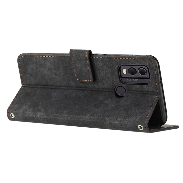 Per Nokia C22 PU Leather Flip Case Skin-touch Stand Imprinted Lines Wallet Anti-drop Phone Cover - Nero