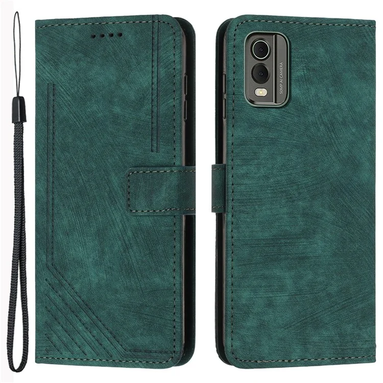 Stand Wallet Shell para Nokia C32 (TA-1534) Skin-touch Imprinted Lines Flip Case PU Leather Phone Cover - Verde