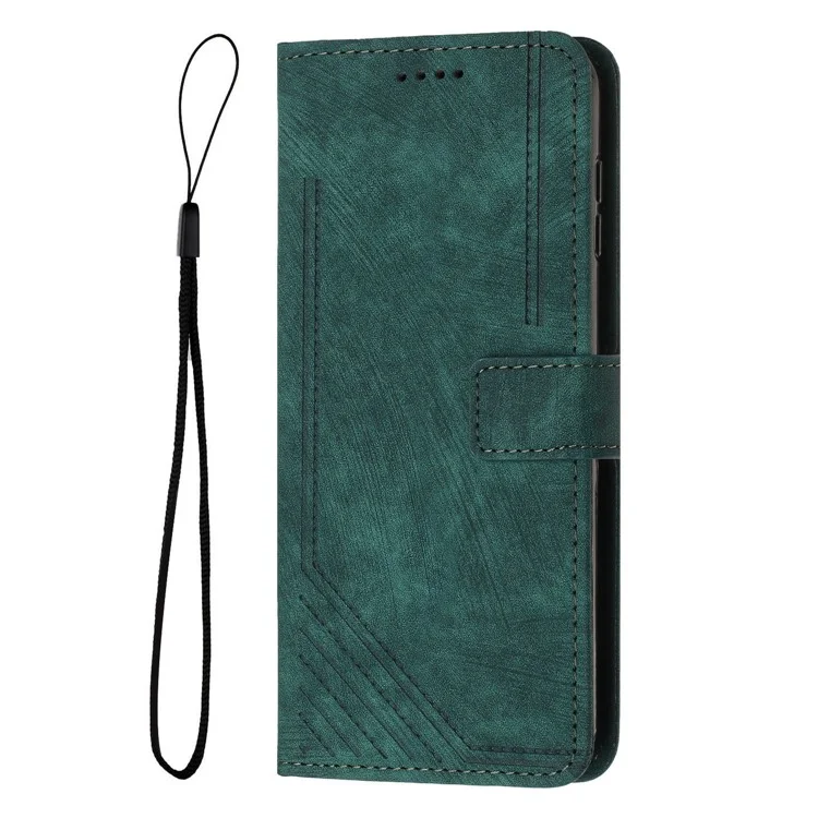Stand Wallet Shell para Nokia C32 (TA-1534) Skin-touch Imprinted Lines Flip Case PU Leather Phone Cover - Verde
