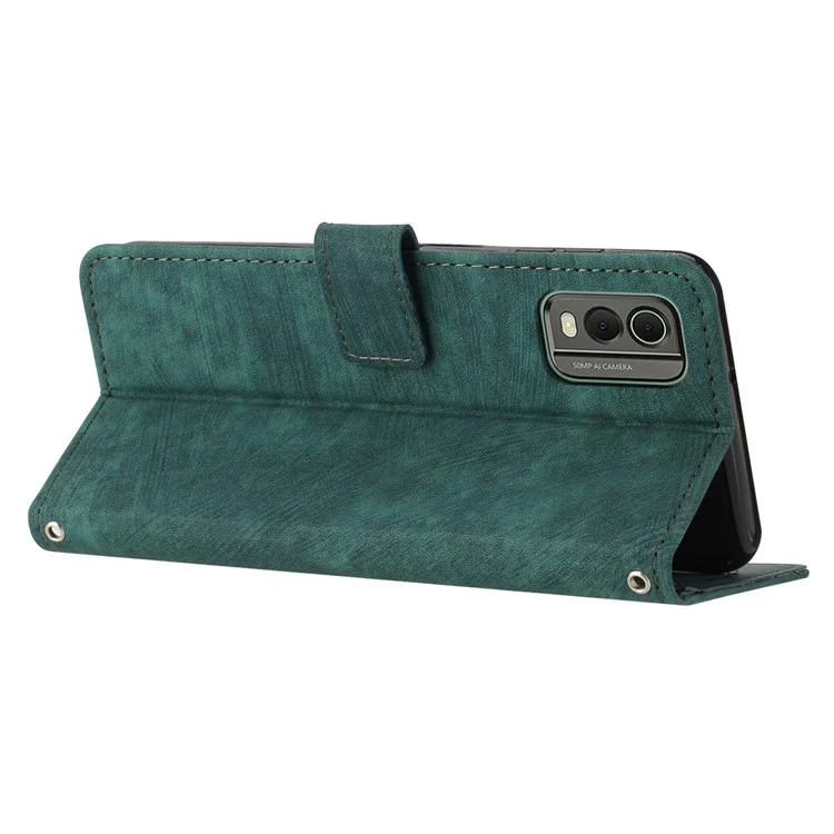 Stand Wallet Shell para Nokia C32 (TA-1534) Skin-touch Imprinted Lines Flip Case PU Leather Phone Cover - Verde