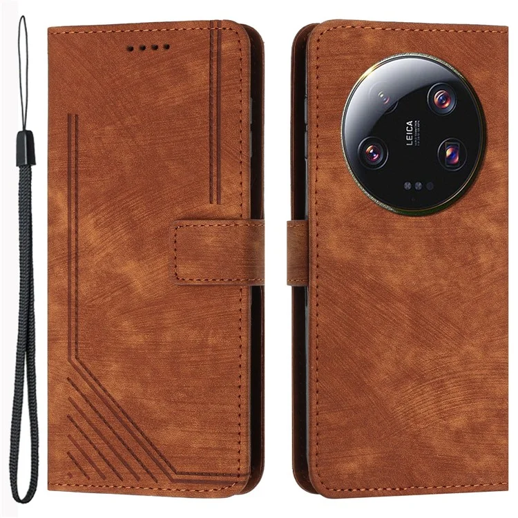 For Xiaomi 13 Ultra Anti-scratch Imprinted Lines Flip Case Skin-touch PU Leather Stand Wallet Phone Cover - Brown