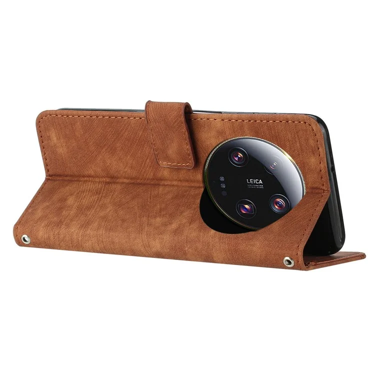 For Xiaomi 13 Ultra Anti-scratch Imprinted Lines Flip Case Skin-touch PU Leather Stand Wallet Phone Cover - Brown
