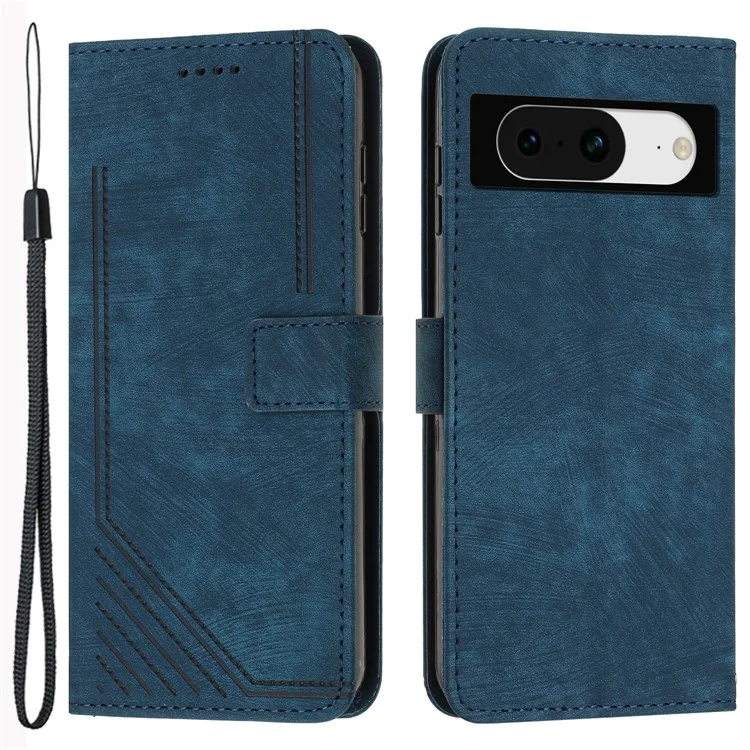 PU Leather Flip Case for Google Pixel 8 Skin-touch Stand Imprinted Lines Wallet Anti-drop Phone Cover - Sapphire