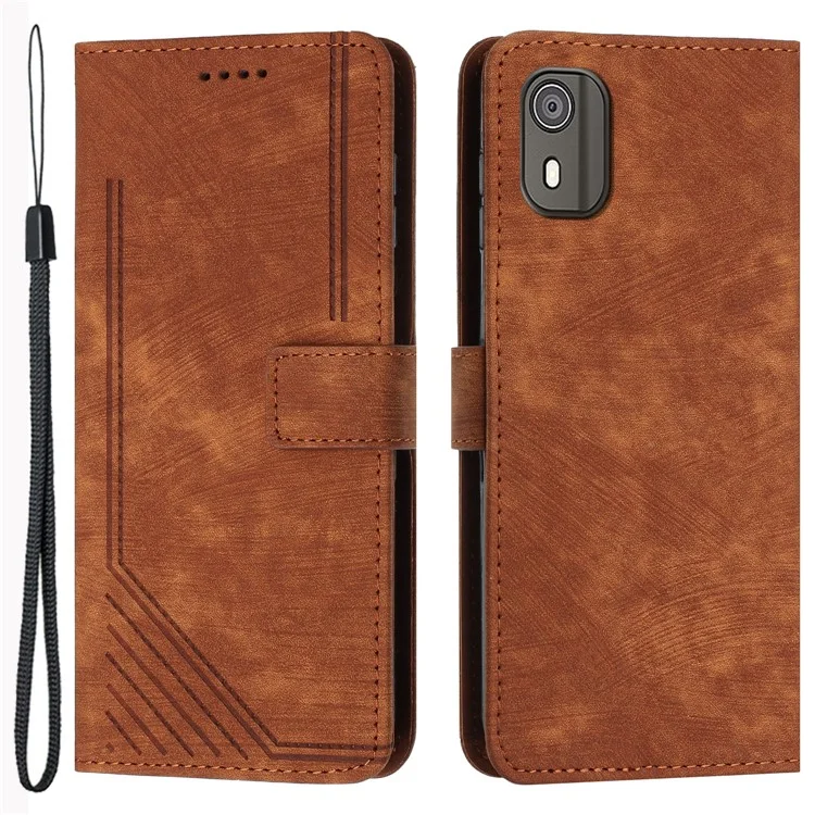 PU Leather Flip Case for Nokia C02 (TA-1522) Skin-touch Stand Imprinted Lines Wallet Phone Cover - Brown