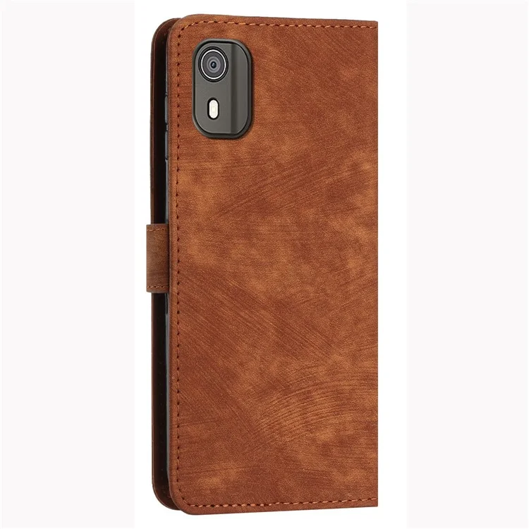 PU Leather Flip Case for Nokia C02 (TA-1522) Skin-touch Stand Imprinted Lines Wallet Phone Cover - Brown