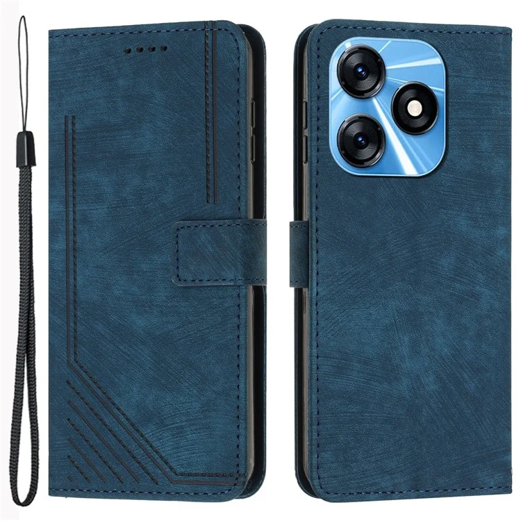 Protective Case for TECNO Spark 10 4G Skin-Touch Stand Imprinted Lines PU Leather Wallet Phone Cover - Sapphire