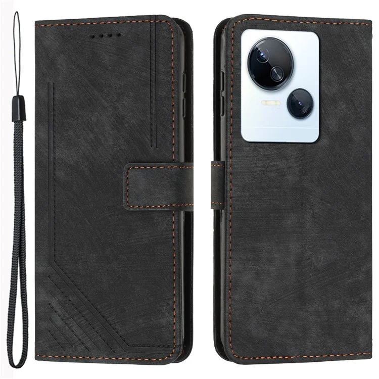 For TECNO Spark 10 5G Skin-Touch Protective Case Stand Imprinted Lines PU Leather Wallet Phone Cover - Black