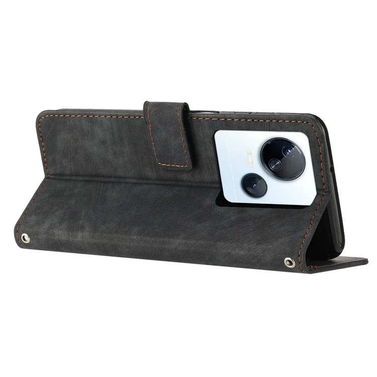 For TECNO Spark 10 5G Skin-Touch Protective Case Stand Imprinted Lines PU Leather Wallet Phone Cover - Black