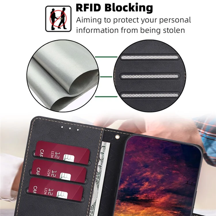 Für vivo Y78+ 5G RFID-blockierender Smartphone-Geldbörsenständer aus Echtleder-Klapphülle - Schwarz