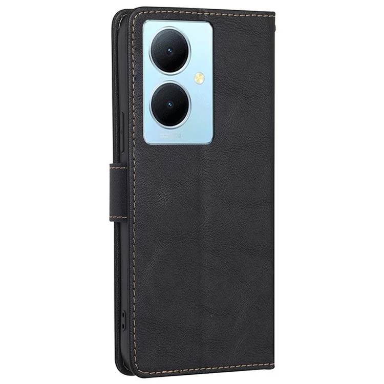 Für vivo Y78+ 5G RFID-blockierender Smartphone-Geldbörsenständer aus Echtleder-Klapphülle - Schwarz