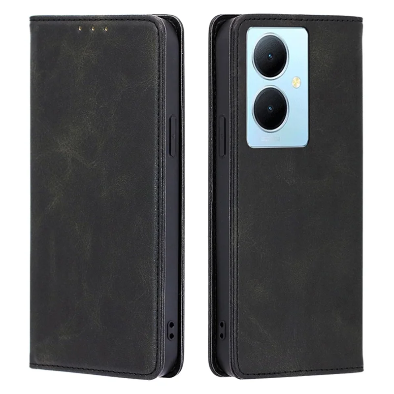Étui de téléphone en cuir à texture de veau pour vivo Y78+ 5G , Étui portefeuille de protection complète avec support - Noir